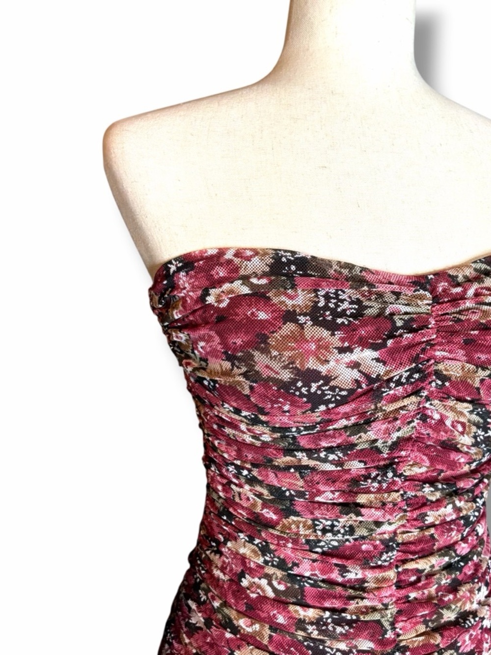 Kaylee Kollection Burgundy Floral Rusched Mesh Bodycon Strapless Midi Dress